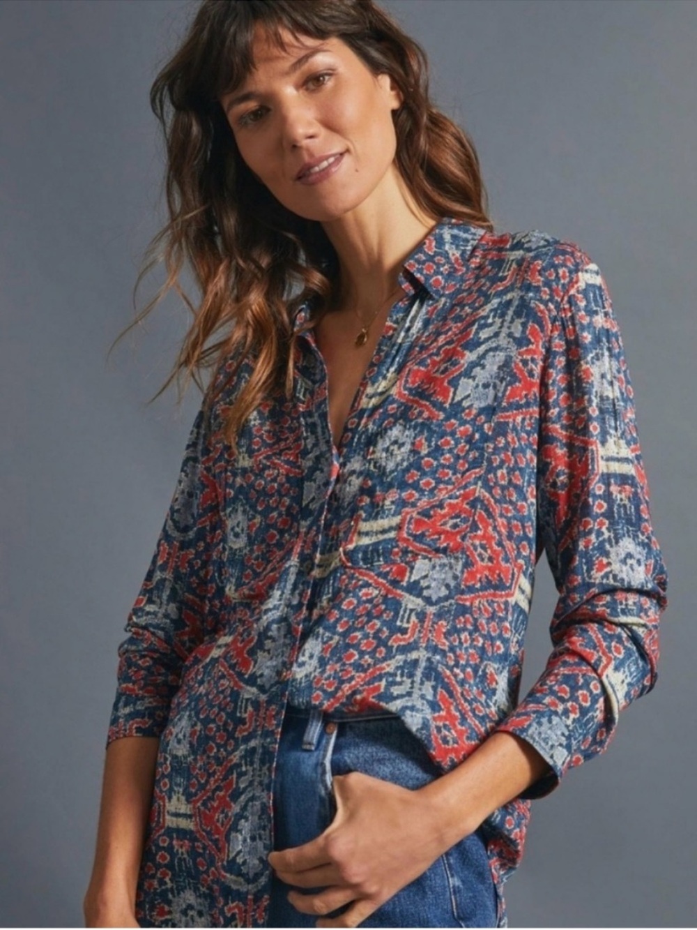 Pilcro Leilani Blue/Red Long Sleeve Geometric Silky Button Down Shirt Size Large